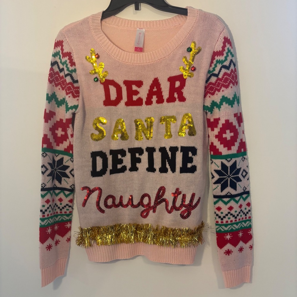 No Boundaries  Dear Santa Holiday Pink Sweater Juniors Size M Bells‎ Jingle